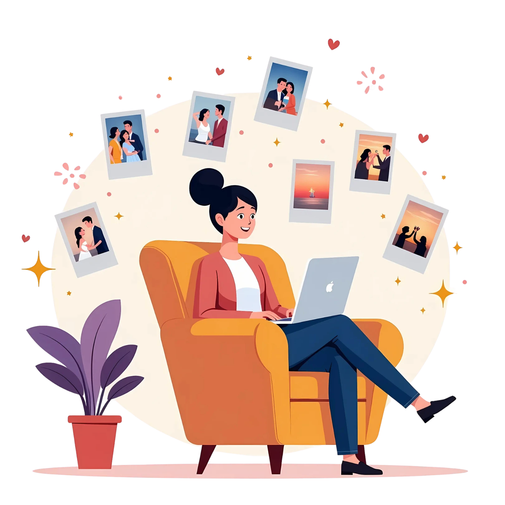 Vetor de mulher relembrando seus momentos no computador